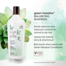 Bain de Terre Green Meadow Balancing Shampoo with ingredients displayed