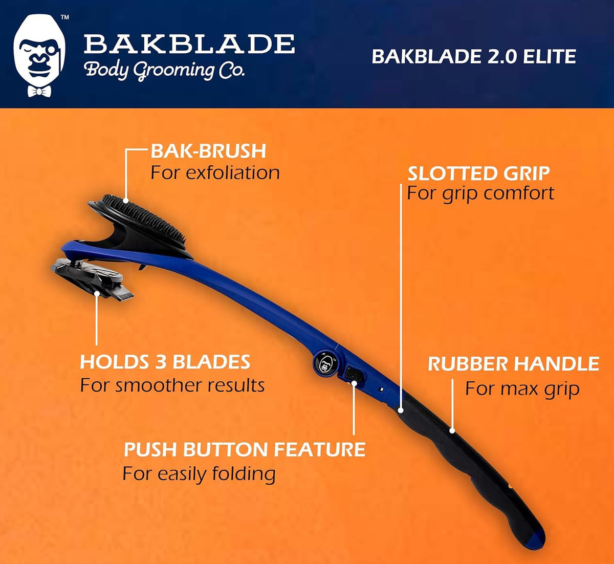 BAKBLADE 2.0 Elite Back Shaver showing ergonomic handle grip