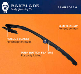 BAKBLADE 2.0 PLUS back shaver showing wet and dry use