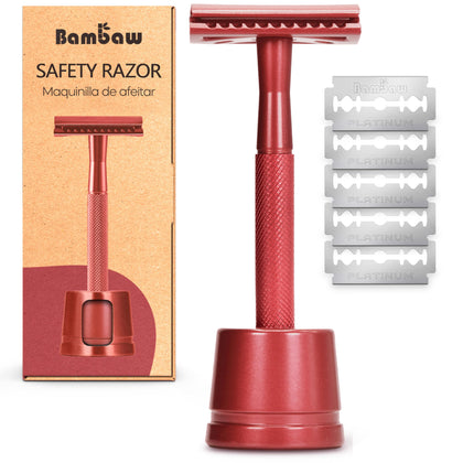 Bambaw Double Edge Safety Razor with Stand in Red