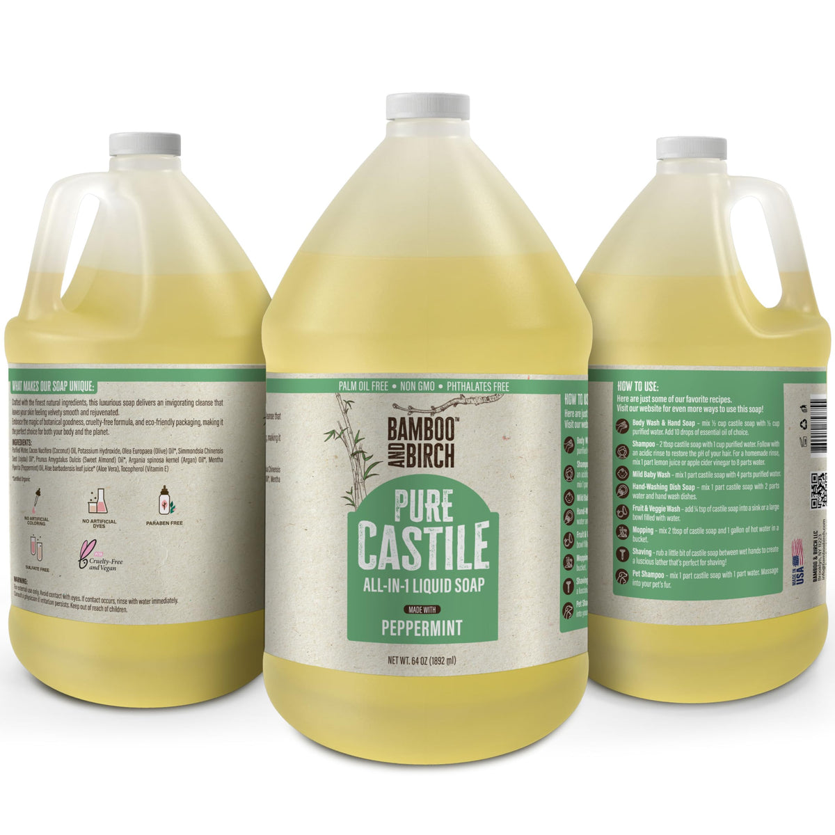 Bamboo & Birch Pure Castile Soap Liquid Peppermint 1 Gallon side view