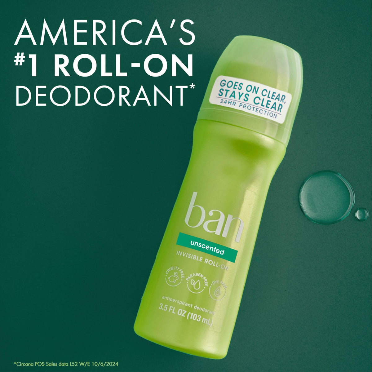 Ban Invisible Roll-On Antiperspirant Deodorant Unscented application on skin