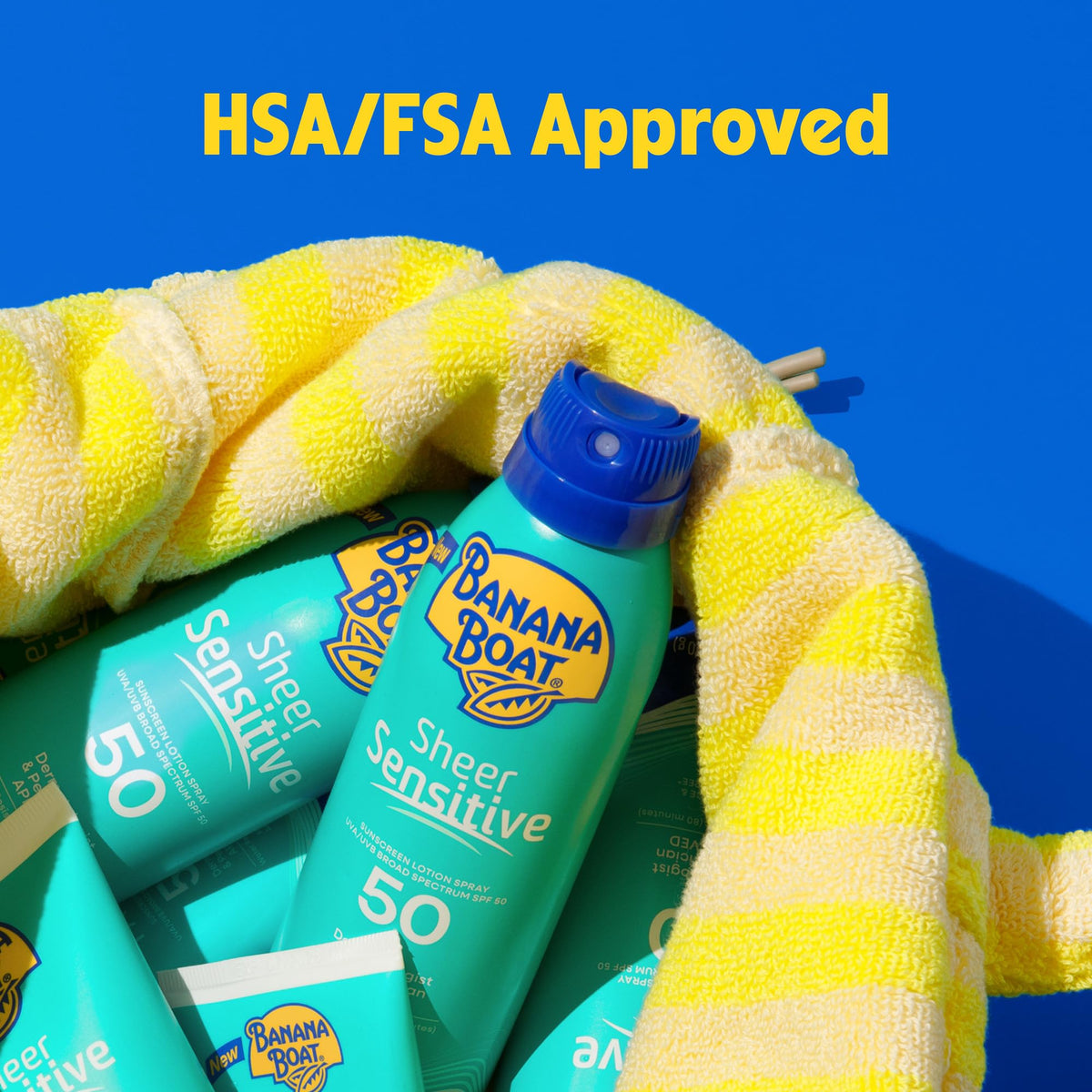 Banana Boat Sheer Sensitive Face Sunscreen Lotion SPF 50 with beach accessories