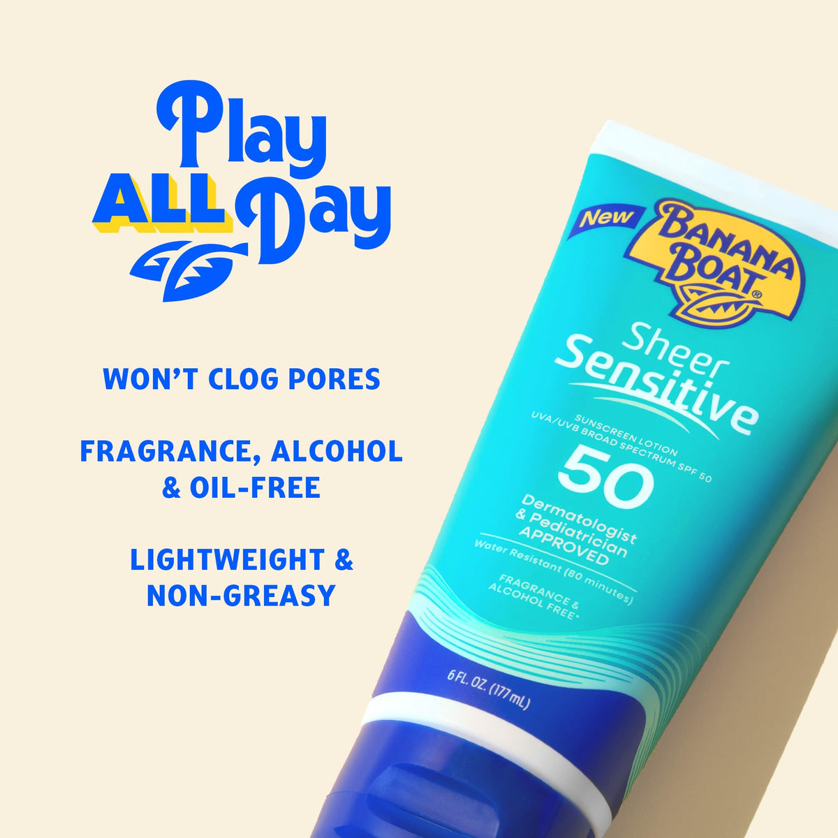 Banana Boat Sheer Sensitive Sunscreen Lotion SPF 50 with beach accessories