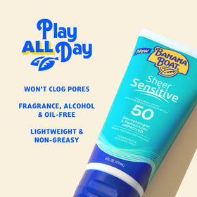 Banana Boat Sheer Sensitive Sunscreen Lotion SPF 50 with beach accessories