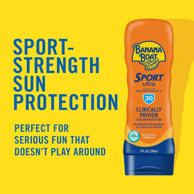 Banana Boat Sport Performance SPF 30 Sunscreen Lotion in a beach setting