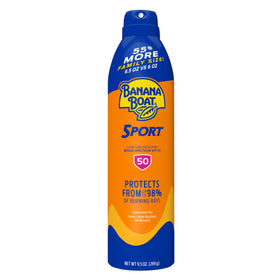 Banana Boat Sport SPF 50 Sunscreen Spray front view, family size 9.5 oz