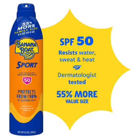 Banana Boat Sport SPF 50 Sunscreen Spray side view, lightweight formula