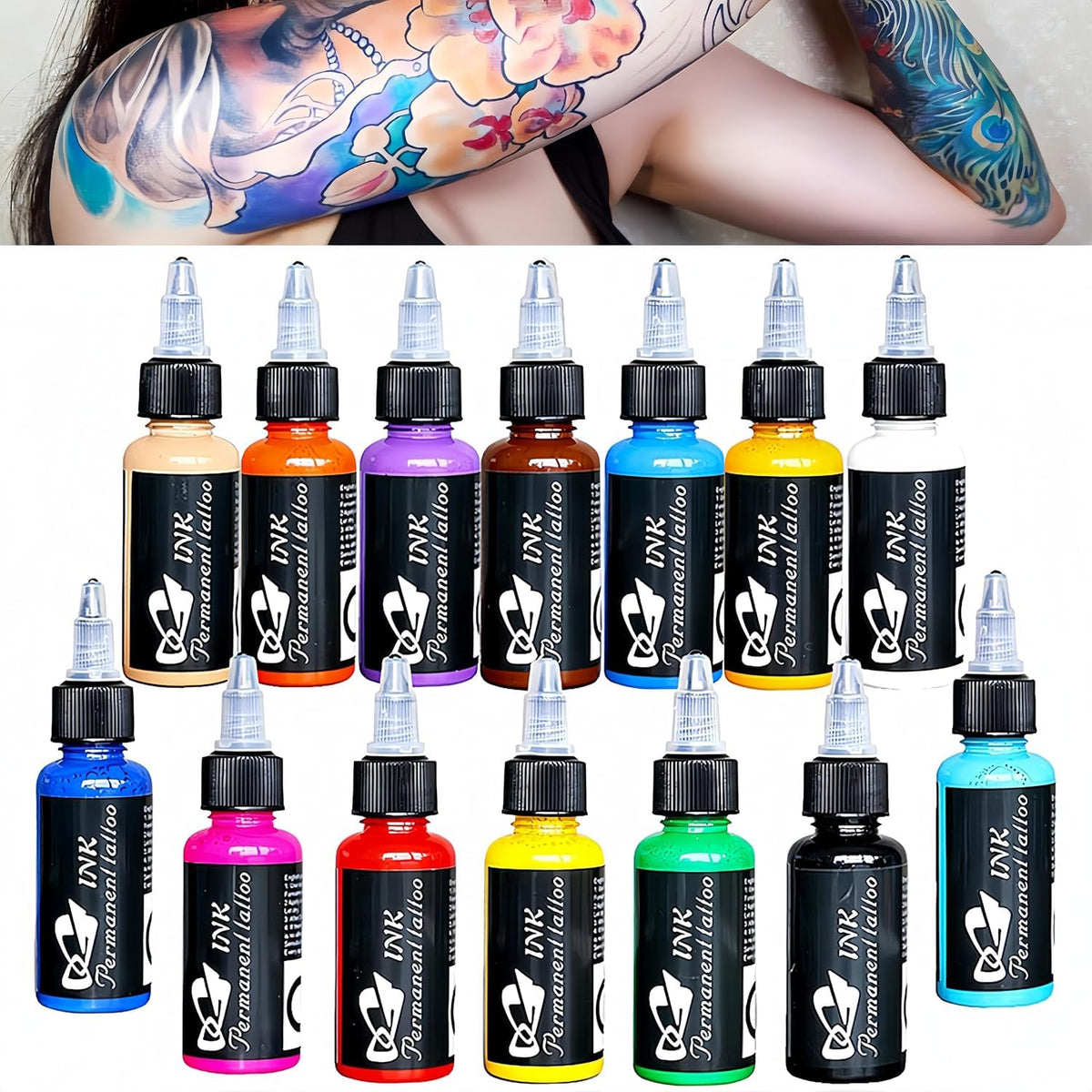 BAODELI Tattoo Ink Set 14 colours 30ml bottles front view