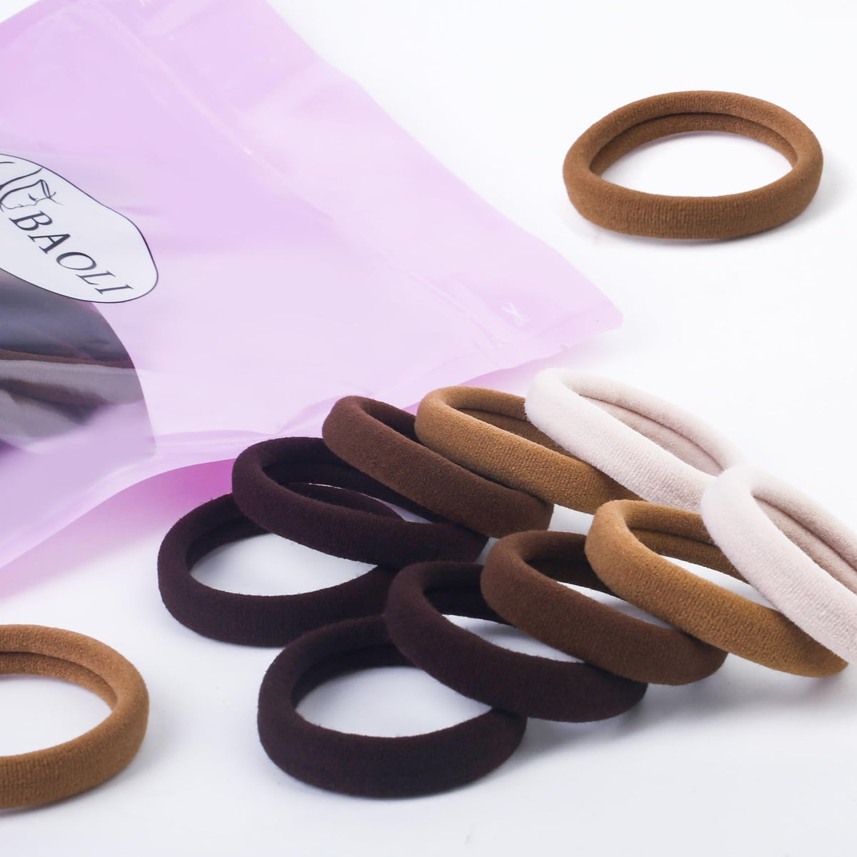 BAOLI Brown Hair Ties in use on thick hair
