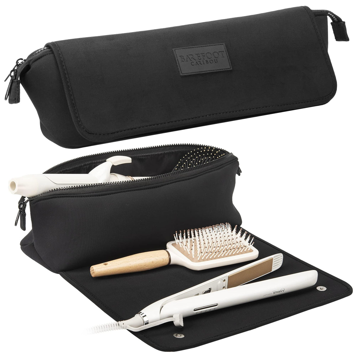 BAREFOOT CARIBOU Hair Tools Travel Bag front view in black