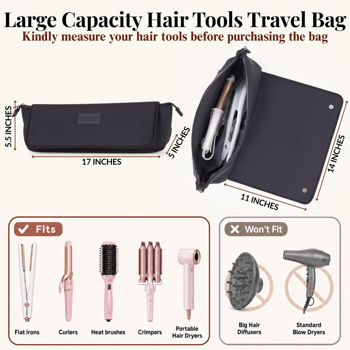 BAREFOOT CARIBOU Hair Tools Travel Bag with heat resistant mat