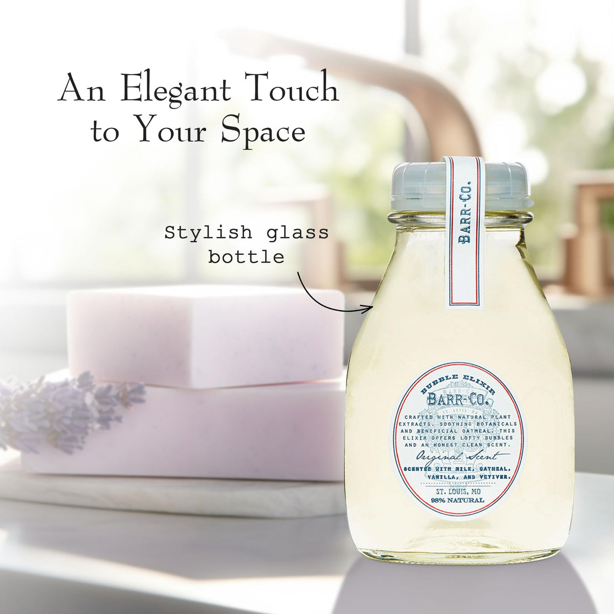 BARR-CO Original Scent Bubble Bath Elixir on bathroom shelf