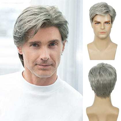 Baruisi Men's Short Grey Wig front view with natural texture