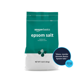 Basics Epsom Salt Soaking Aid 3-pound bag on a bathroom shelf