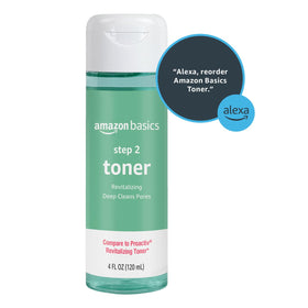 Basics Toner on vanity with skincare products