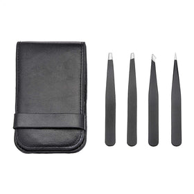 Basics Tweezers Set of 4 in black with leather case