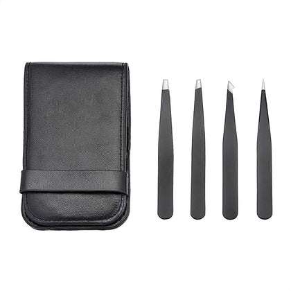 Basics Tweezers Set of 4 in black with leather case