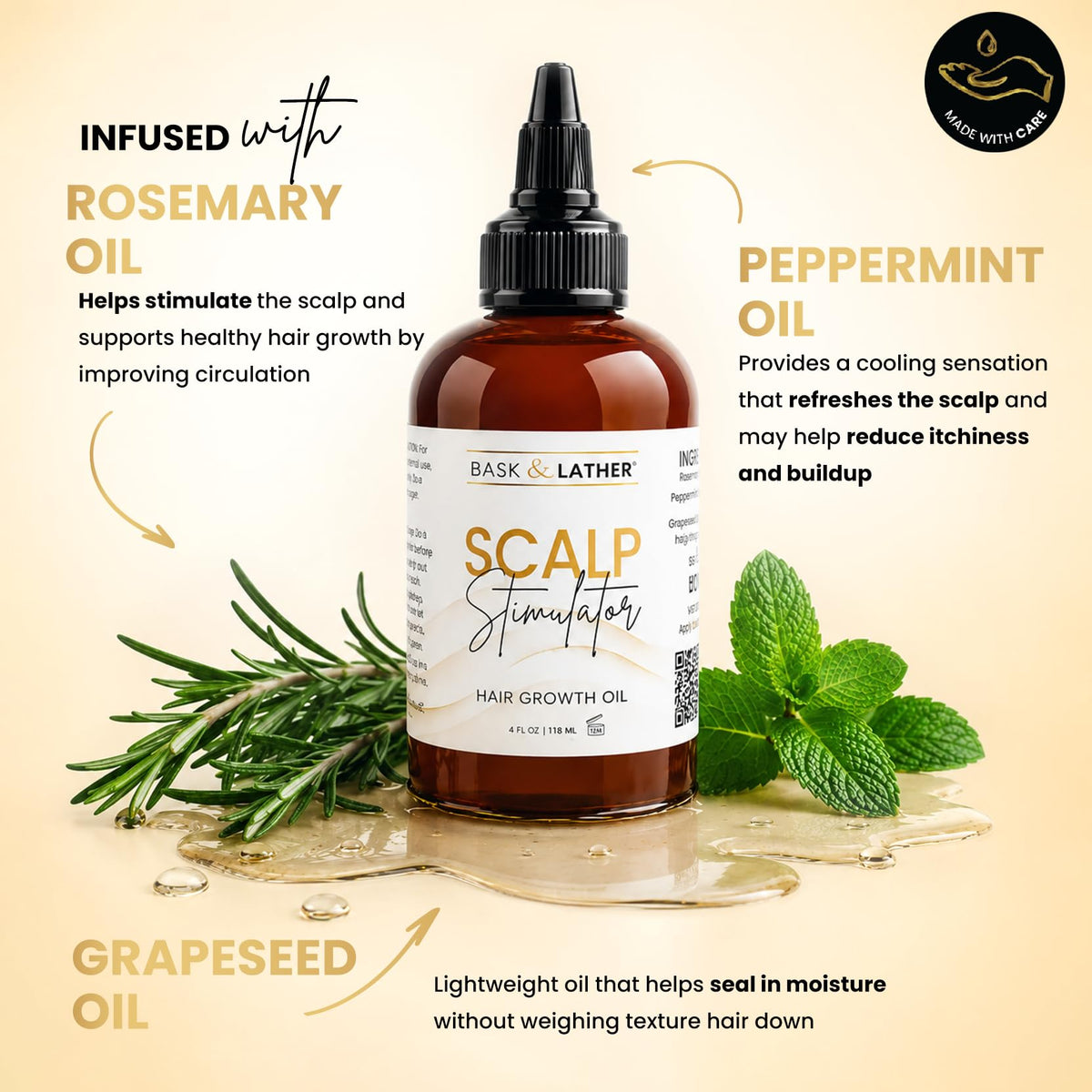 BASK & LATHER Scalp Stimulator with mint and rosemary ingredients