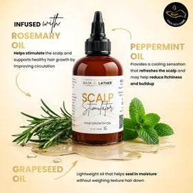 BASK & LATHER Scalp Stimulator with mint and rosemary ingredients