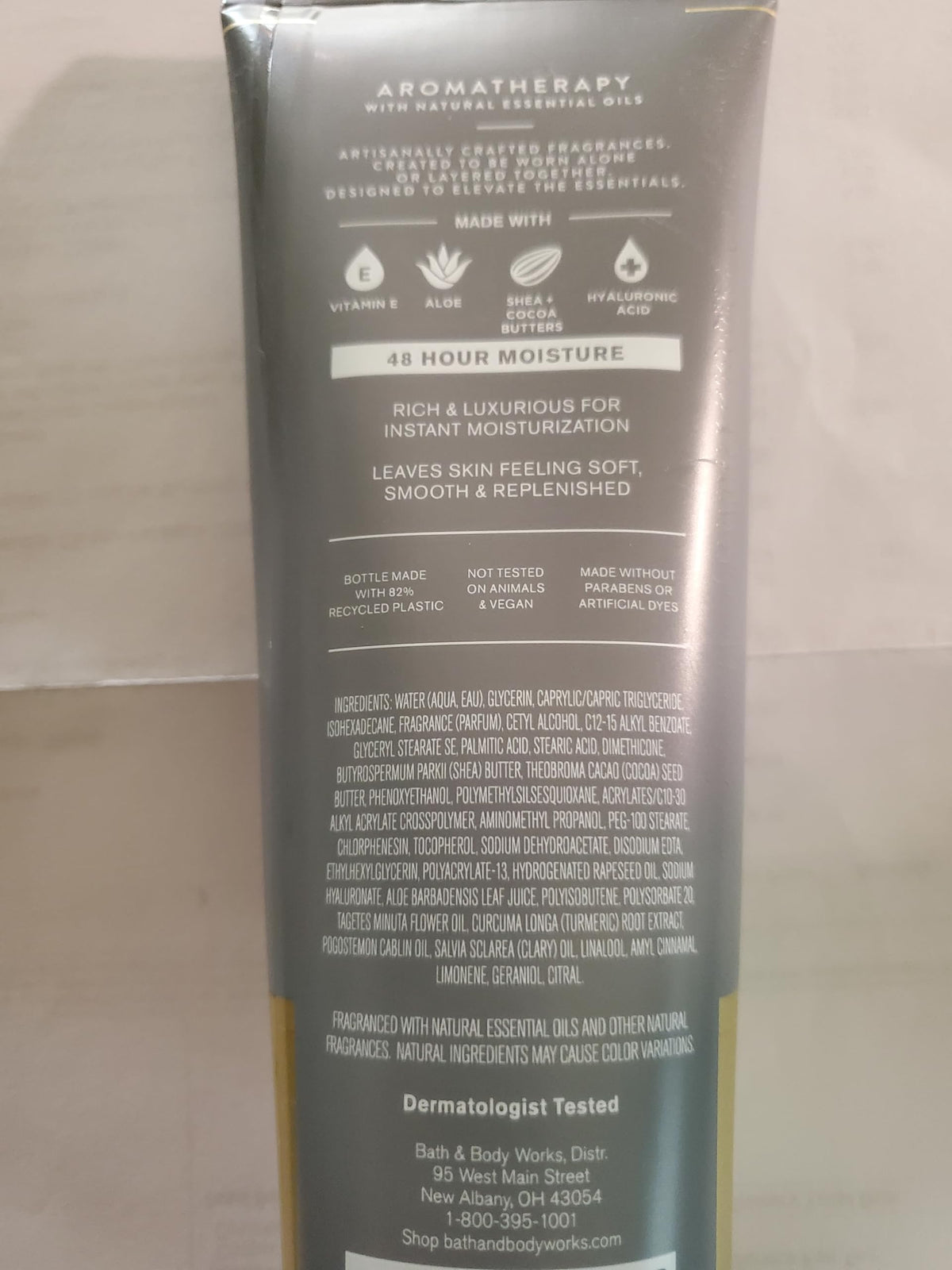 Bath & Body Works Black Tea Body Cream displayed with ingredients