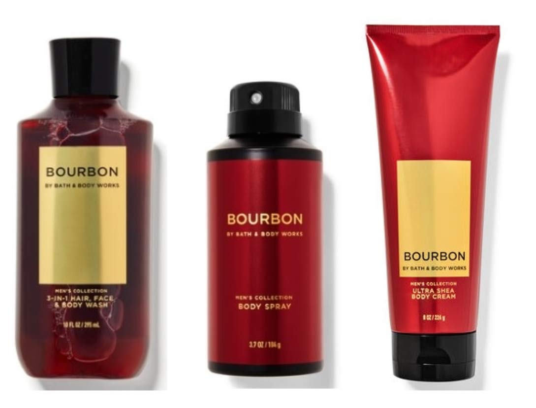 Bath & Body Works Bourbon Body Care Set displayed on a bathroom counter