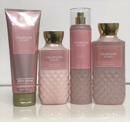 Bath & Body Works Champagne Toast set including fine fragrance mist, shower gel, body lotion, and ultra shea body cream