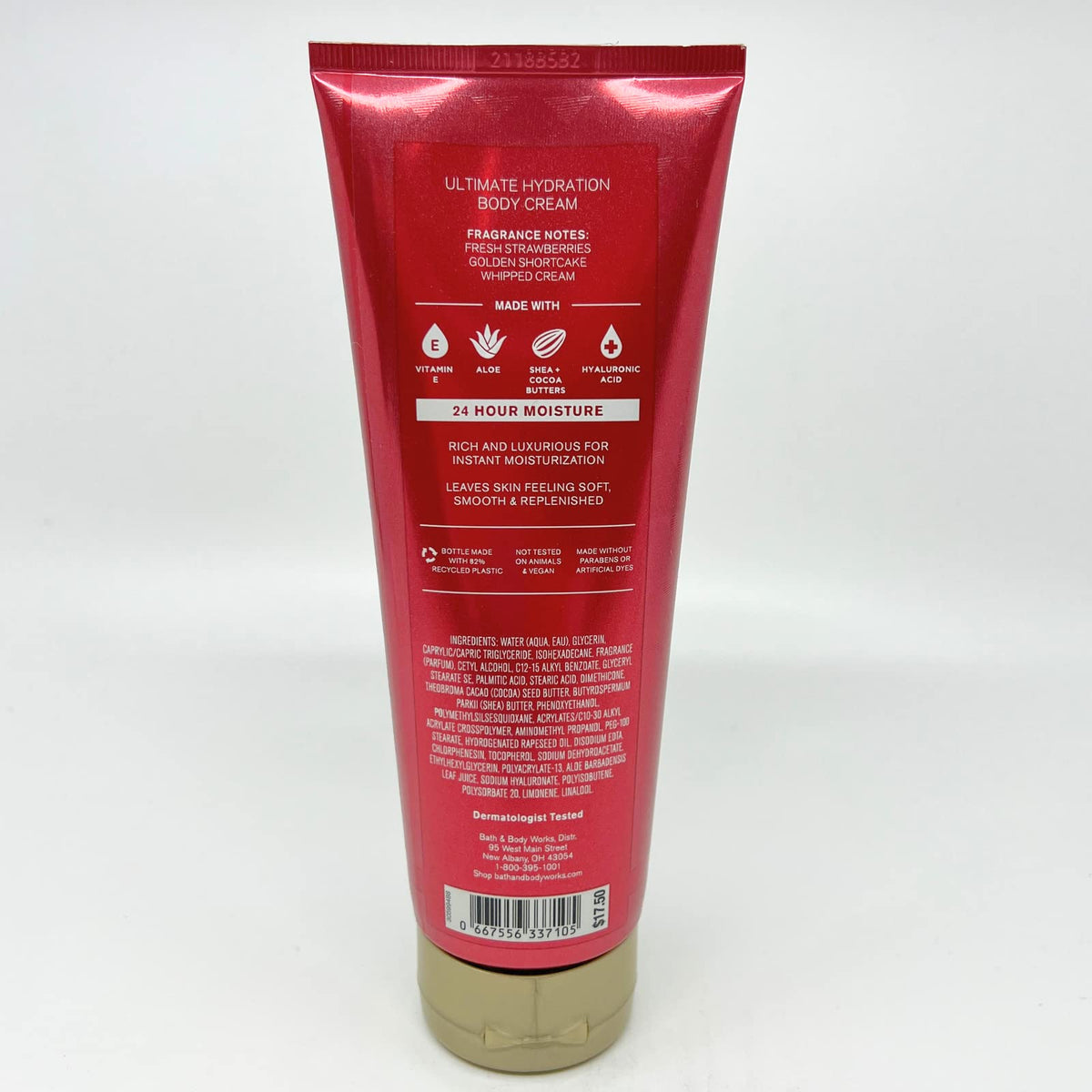 Bath & Body Works Strawberry Pound Cake products on a bathroom counter