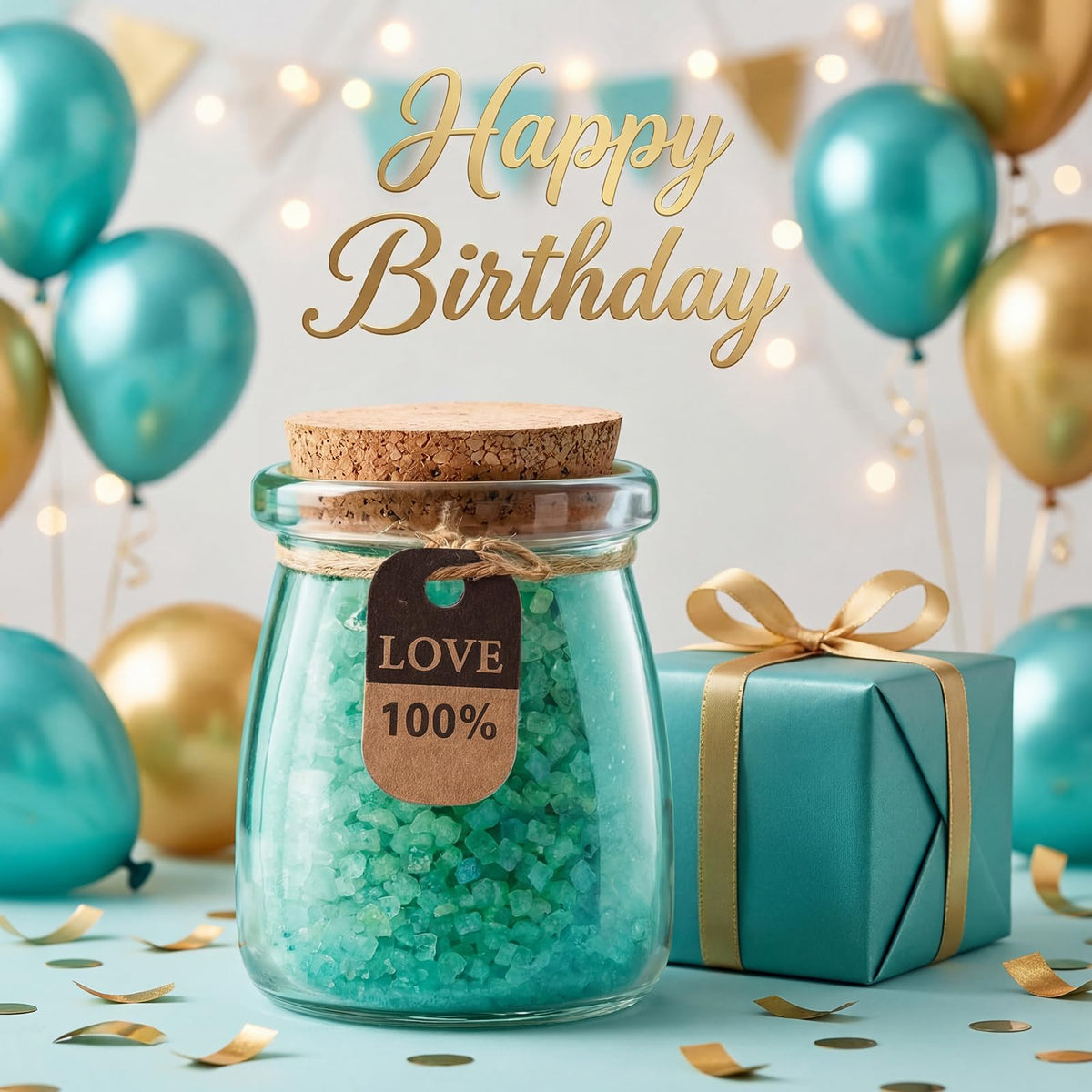 Bath salts and cake-shaped bath bomb in the gift basket