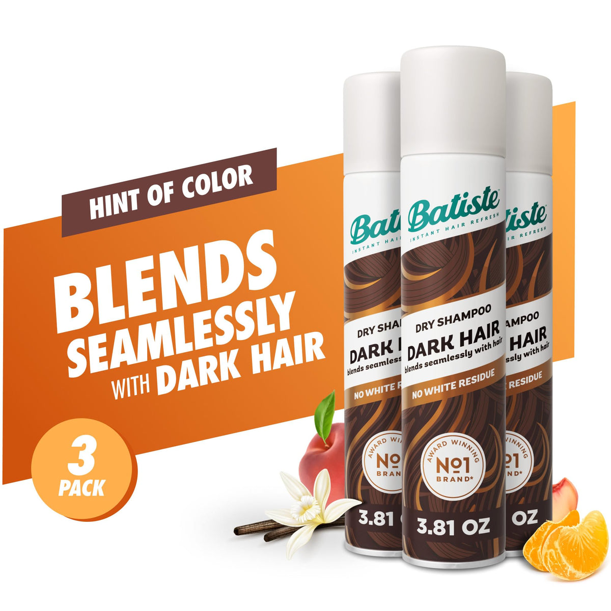 Batiste Dark Dry Shampoo bottle on vanity with flowers
