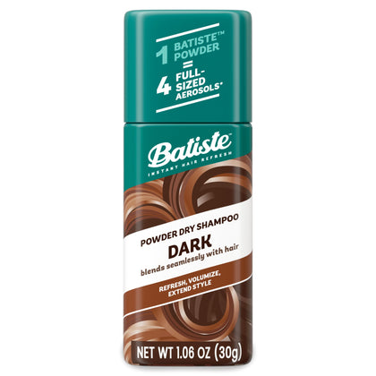 Batiste Dark Powder Dry Shampoo front view with packaging