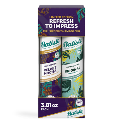 Batiste Dry Shampoo Duo Gift Set front view with Velvet Mocha and Original cans
