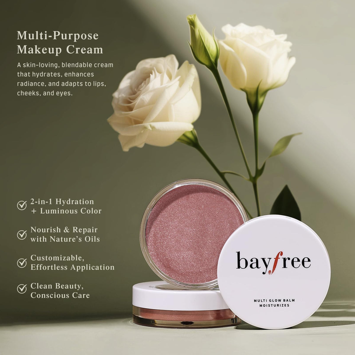 bayfree Multi Glow Balm applied on cheeks for a radiant finish