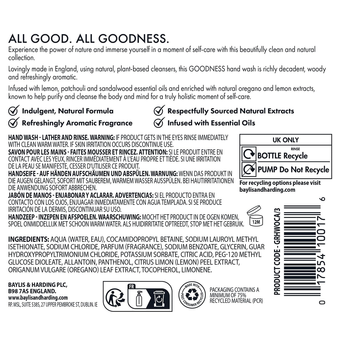 Baylis & Harding Liquid Hand Soap Oud Cedar & Amber 500ml eco-friendly packaging