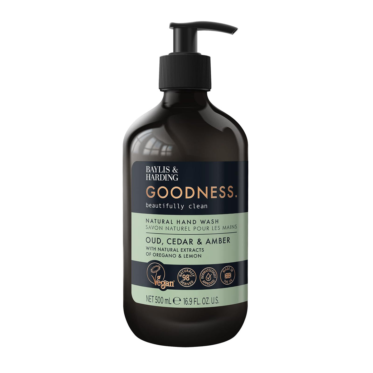 Baylis & Harding Liquid Hand Soap Oud Cedar & Amber 500ml side view