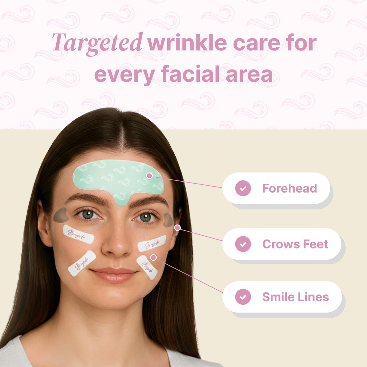 Bayside crow’s feet patches in use on a model's eyes