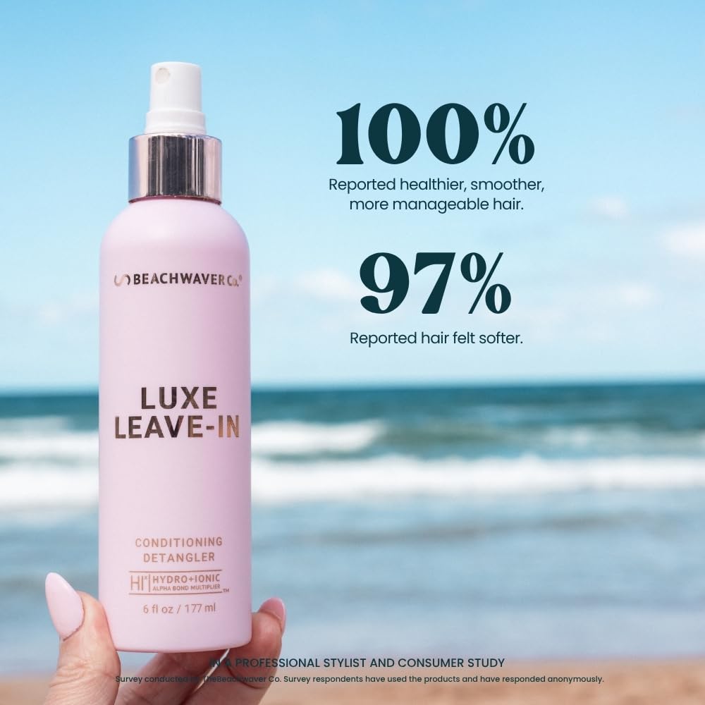 Beachwaver Luxe Leave-In Conditioning Detangler with tropical background