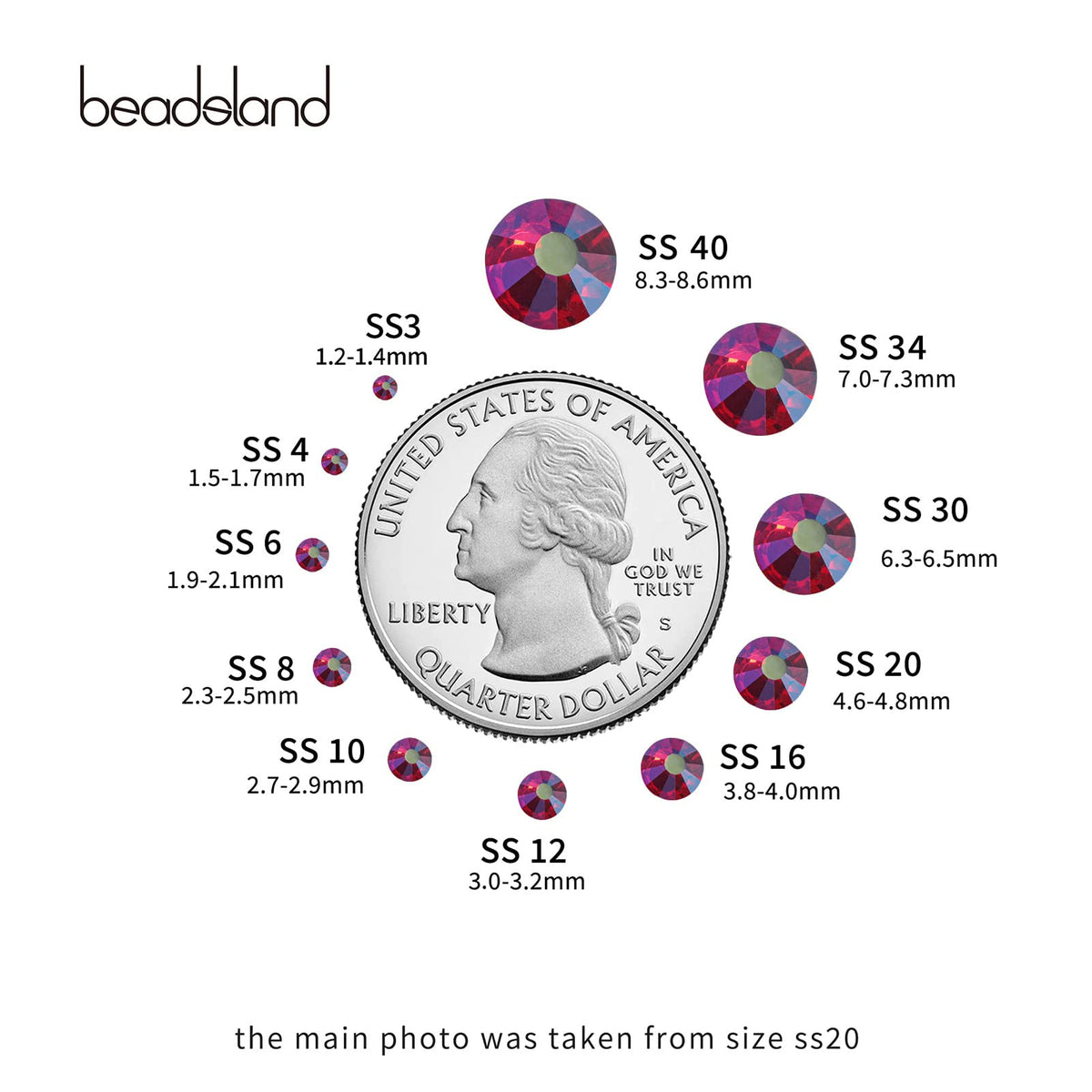 BEADSLAND Flat Back Crystal Rhinestones SS10 Light Siam AB pack with dimensions