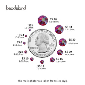 BEADSLAND Flat Back Crystal Rhinestones SS10 Light Siam AB pack with dimensions