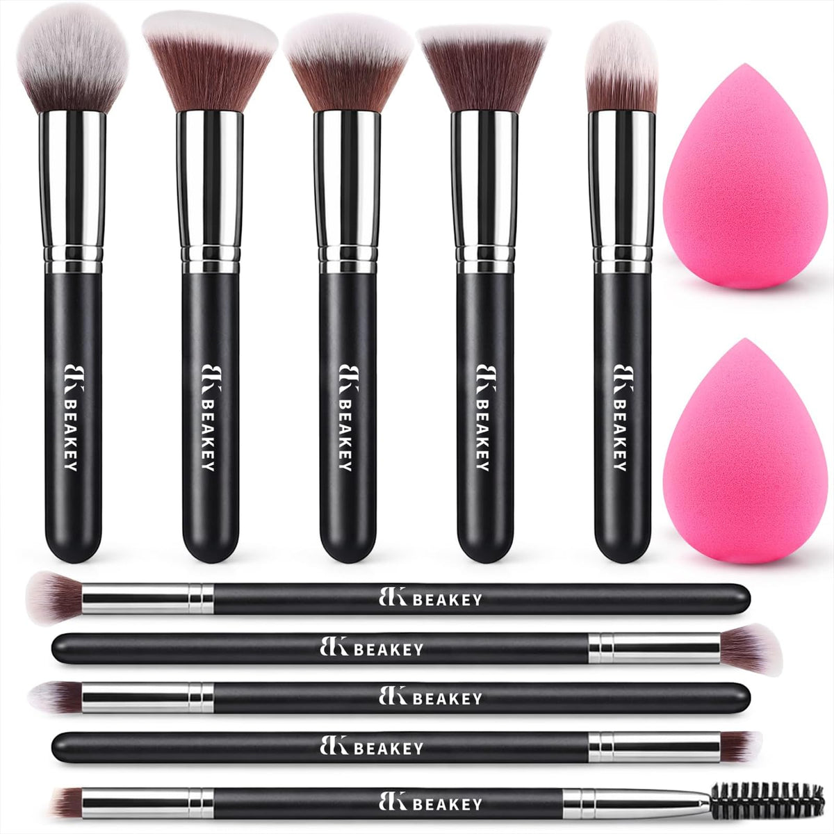 BEAKEY Makeup Brushes Set 10-piece with blending sponges front view