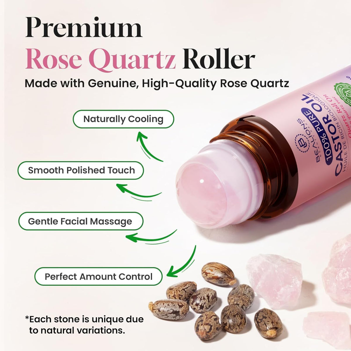 Bealions Castor Oil Rose Quartz Roller Ball in amber glass bottle