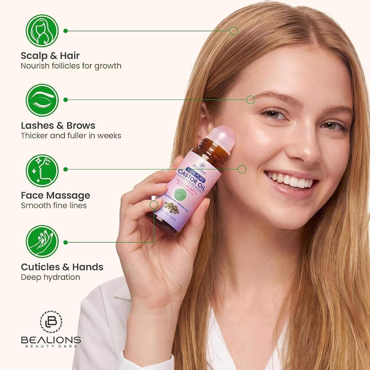 Bealions Castor Oil Rose Quartz Roller Ball with applicator