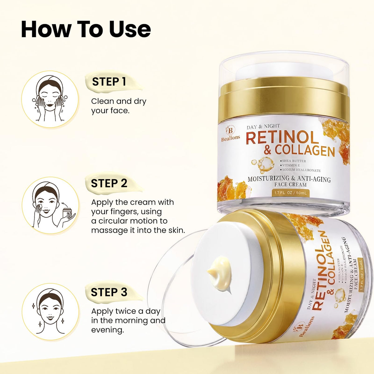 Bealions Retinol Cream on a bathroom countertop