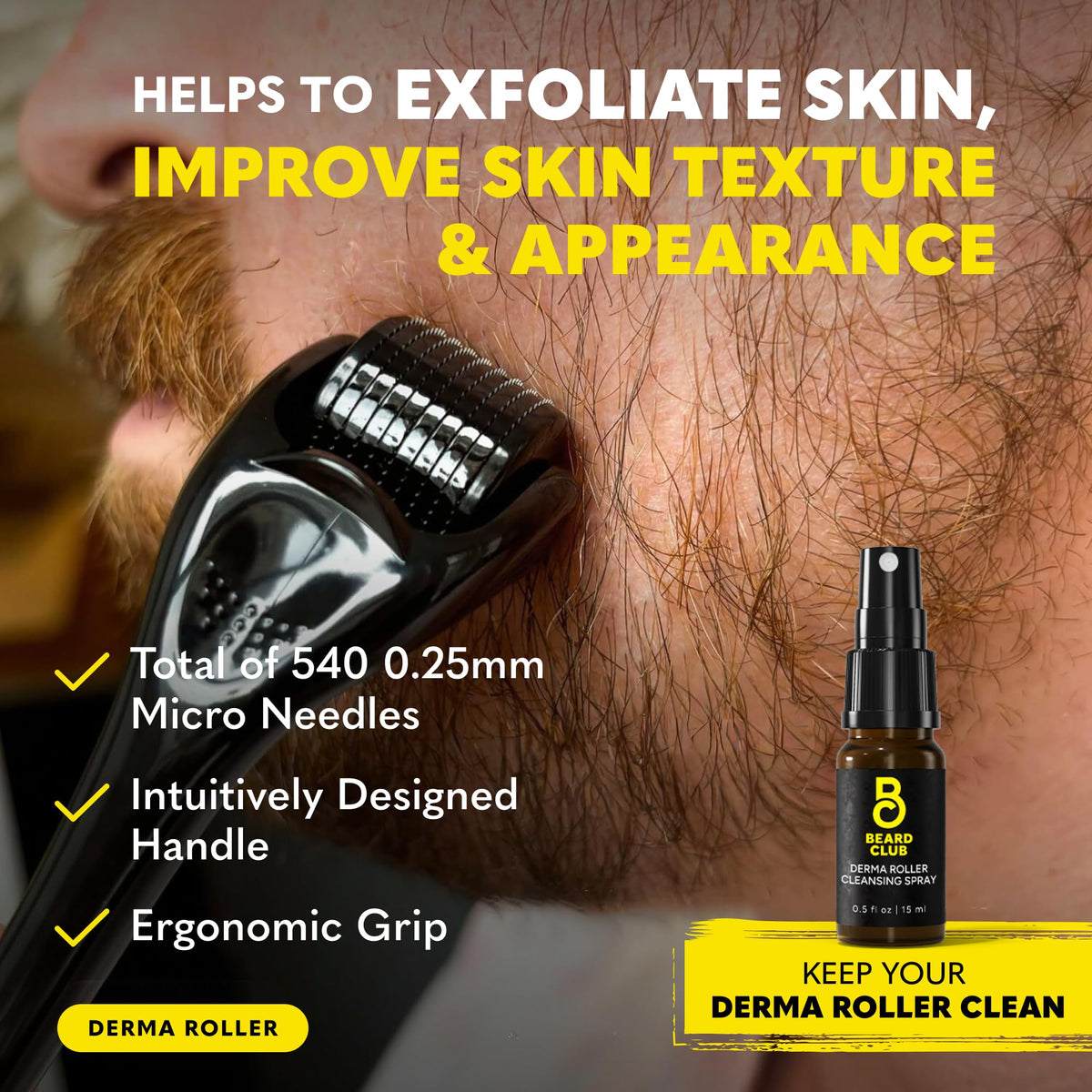 Beard Derma Roller with titanium-coated needles and cleansing spray