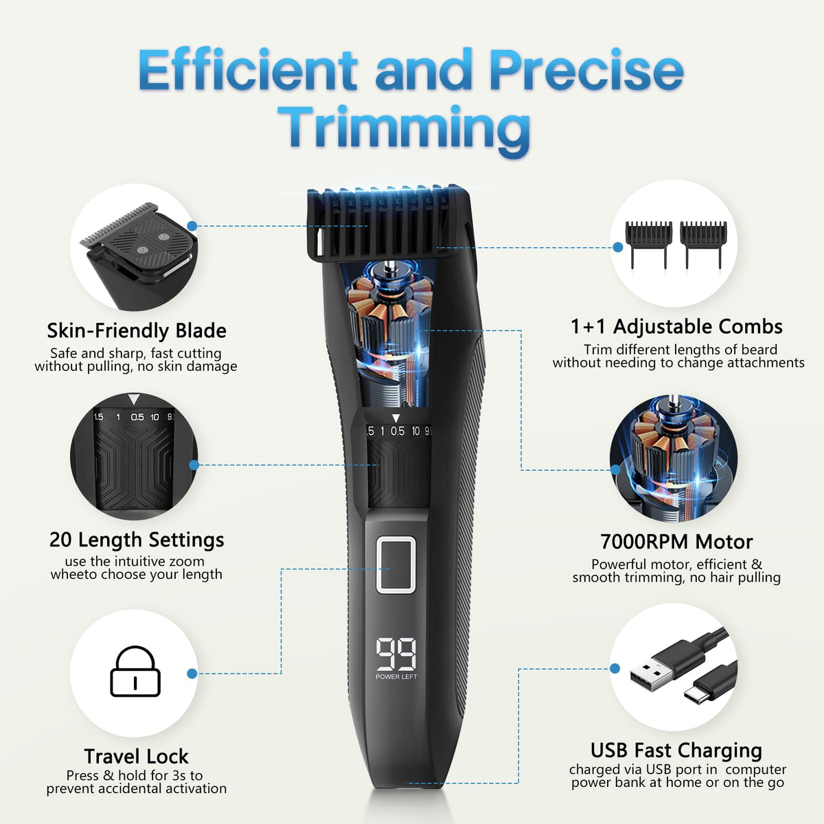 Beatslm Beard Trimmer showing USB charging port and LED display