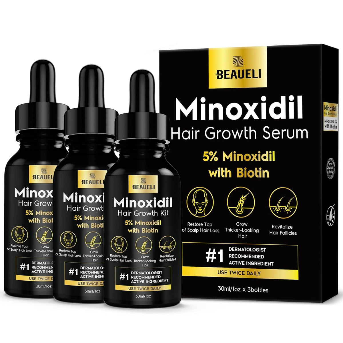 beaueli 5% Minoxidil Hair Growth Serum front view with three bottles