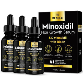 beaueli 5% Minoxidil Hair Growth Serum front view with three bottles