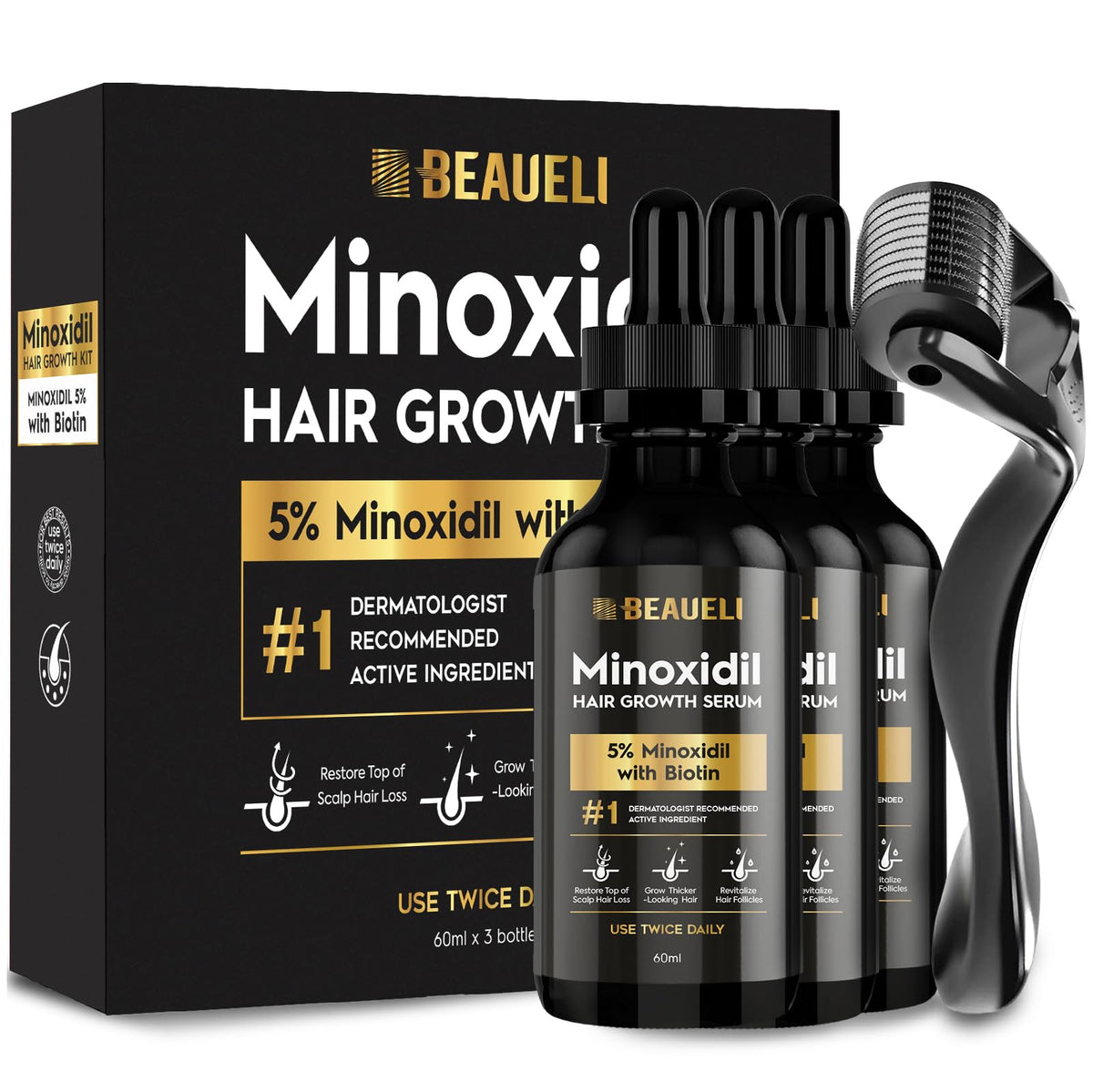 beaueli Beard Growth Kit front view with three 60 mL bottles