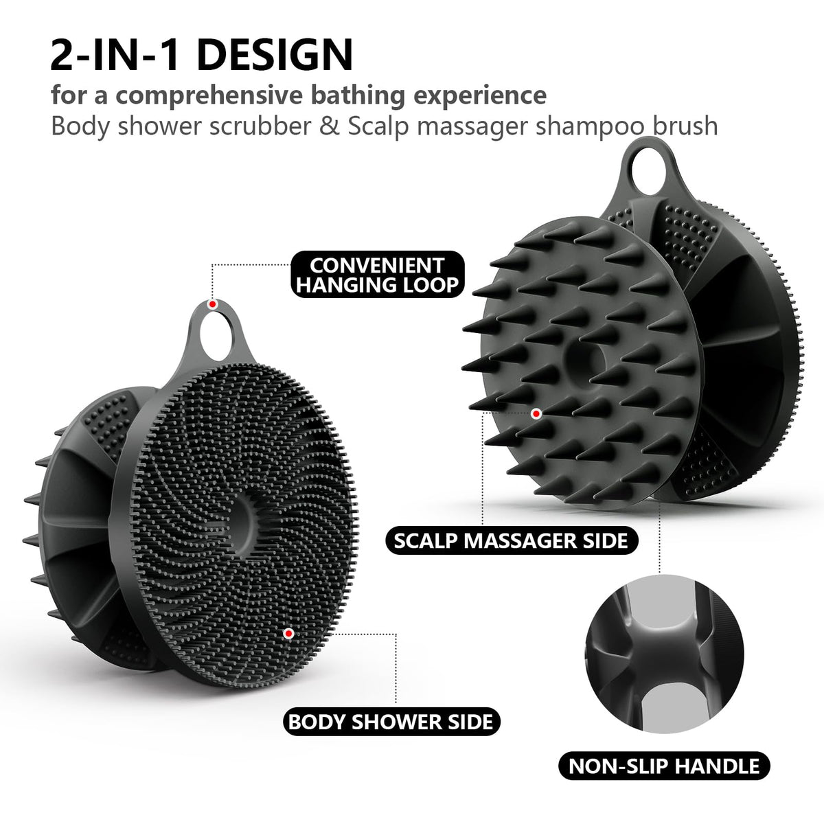 BEAUTAIL 2 in 1 Shower Brush showing body scrubber side