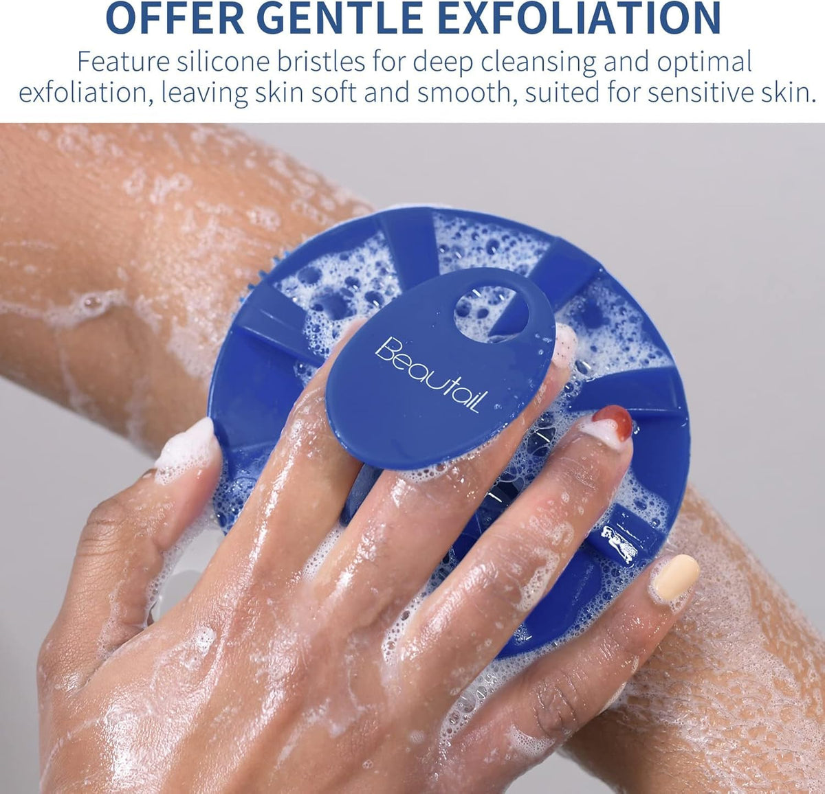 BEAUTAIL Silicone Body Scrubber close-up showing soft bristles